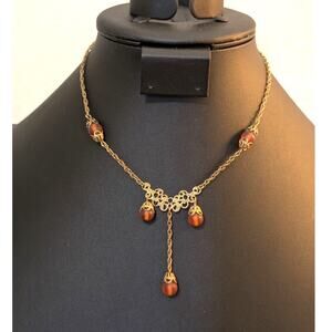 Vintage/Antique Gold Tone Frosted Brown Bead Dangle Chain Hook Clasp Necklace